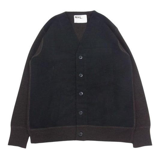 MARGARET HOWELL マーガレットハウエル MHL 22AW DRY WOOL モールスキン切替 Vネック カーディガン ブラック系 ブラウン系 L【中古】