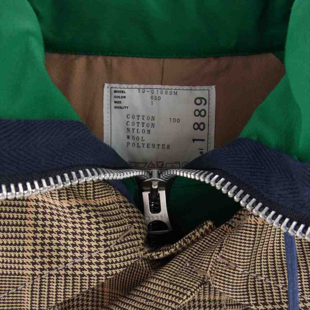 Sacai サカイ 19SS 19-01889M ドッキング チェック切替 ステンカラー コート ネイビー系 グリーン系 ブラウン系 1【極上美品】【中古】