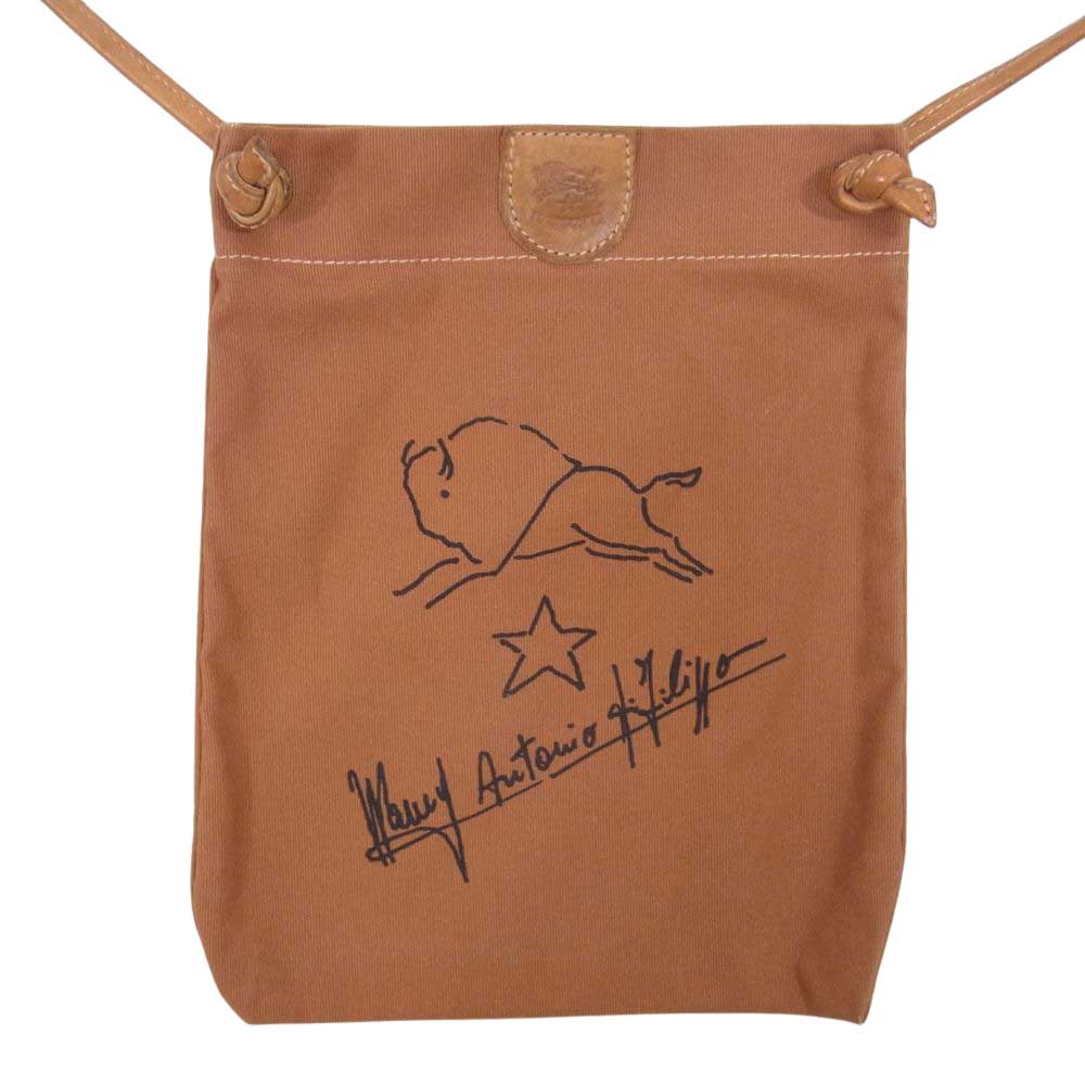 IL BISONTE イルビゾンテ コットンキャンバス レザー サインプリント ショルダーバッグ ポーチ ネックストラップ ブラウン系【中古】