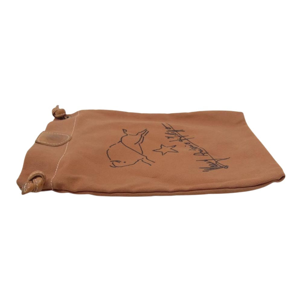 IL BISONTE イルビゾンテ コットンキャンバス レザー サインプリント ショルダーバッグ ポーチ ネックストラップ ブラウン系【中古】