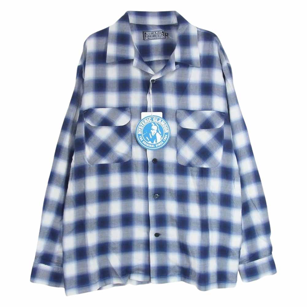 HYSTERIC GLAMOUR ヒステリックグラマー 23AW 02233AH02 SMOKING GIRL スモーキングガール オンブレチェック オープンカラー レーヨン 長袖 シャツ ブルー系 L【新古品】【未使用】【中古】