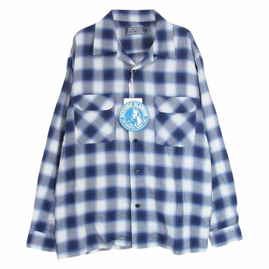 HYSTERIC GLAMOUR ヒステリックグラマー 23AW 02233AH02 SMOKING GIRL スモーキングガール オンブレチェック オープンカラー レーヨン 長袖 シャツ ブルー系 L【新古品】【未使用】【中古】