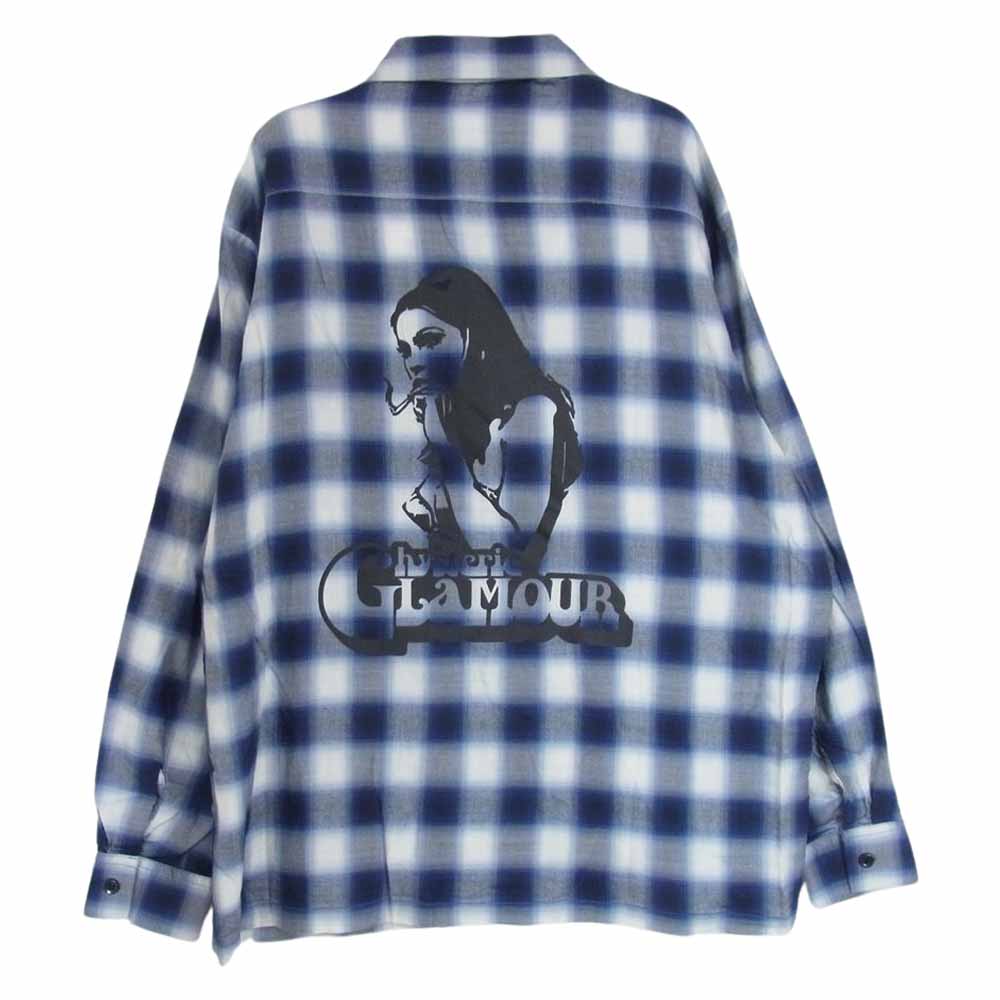 HYSTERIC GLAMOUR ヒステリックグラマー 23AW 02233AH02 SMOKING GIRL スモーキングガール オンブレチェック オープンカラー レーヨン 長袖 シャツ ブルー系 L【新古品】【未使用】【中古】