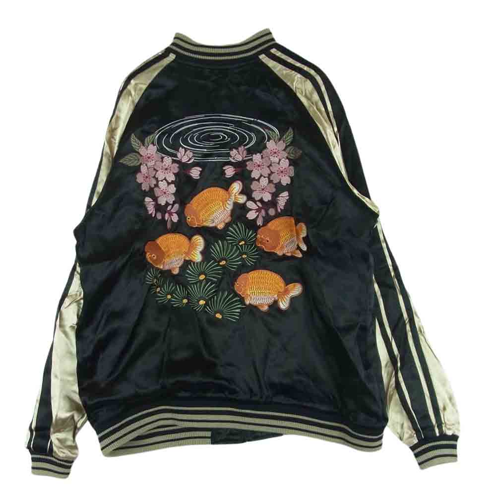花旅楽団 3RSJ031 JAPANESQUE ジャパネスク らんちゅうと桜 豪華総刺繍 リバーシブル 和柄 スカジャン ブラック系 ゴールド系【中古】