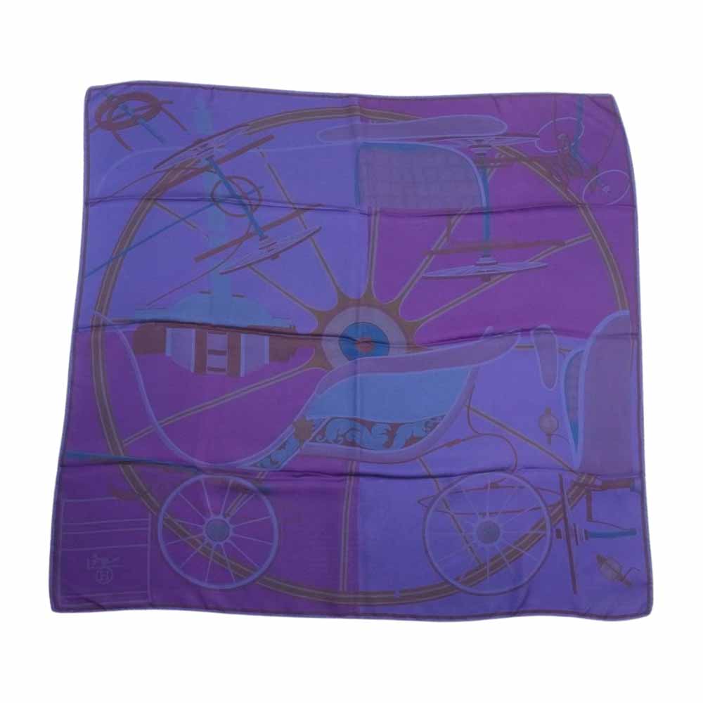HERMES エルメス Projet De Voiture Petit duc Bateau 馬車 車輪 設計図 製図 三面図 総柄 大判 シルク スカーフ パープル系【中古】
