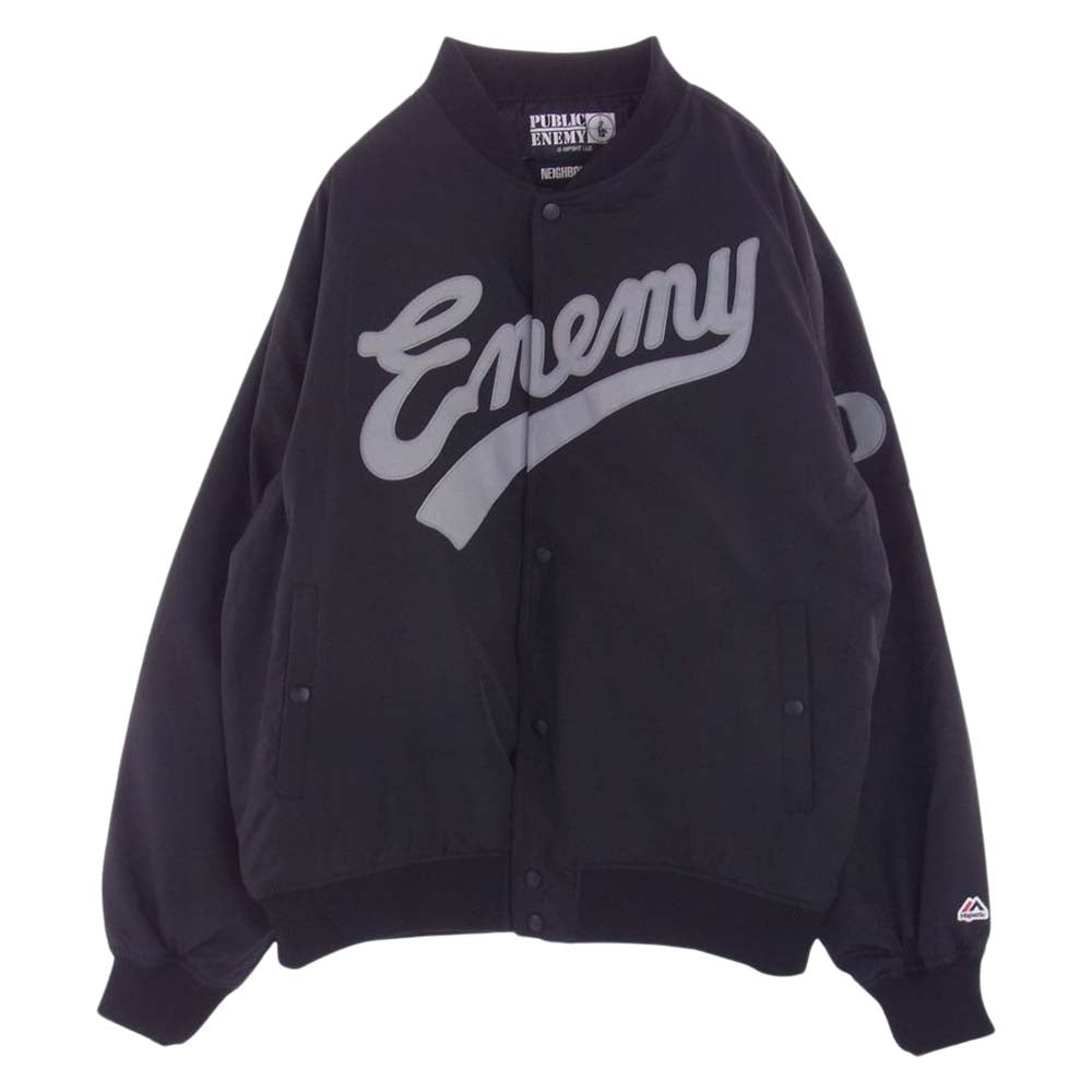 NEIGHBORHOOD ネイバーフッド 23AW 232FAMSN-JKM01 × PUBLIC ENEMY パブリックエネミー × MAJESTIC マジェスティック BASEBALL JACKET ベースボール ジャケットロゴ 内キルティング ブルゾン ブラック系 XL【極上美品】【中古】