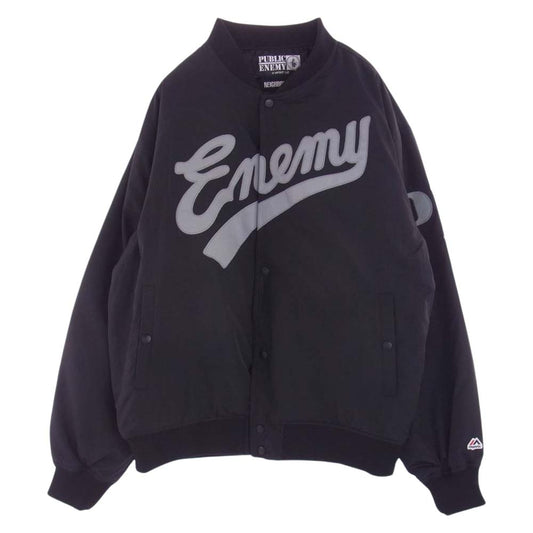 NEIGHBORHOOD ネイバーフッド 23AW 232FAMSN-JKM01 × PUBLIC ENEMY パブリックエネミー × MAJESTIC マジェスティック BASEBALL JACKET ベースボール ジャケットロゴ 内キルティング ブルゾン ブラック系 XL【極上美品】【中古】