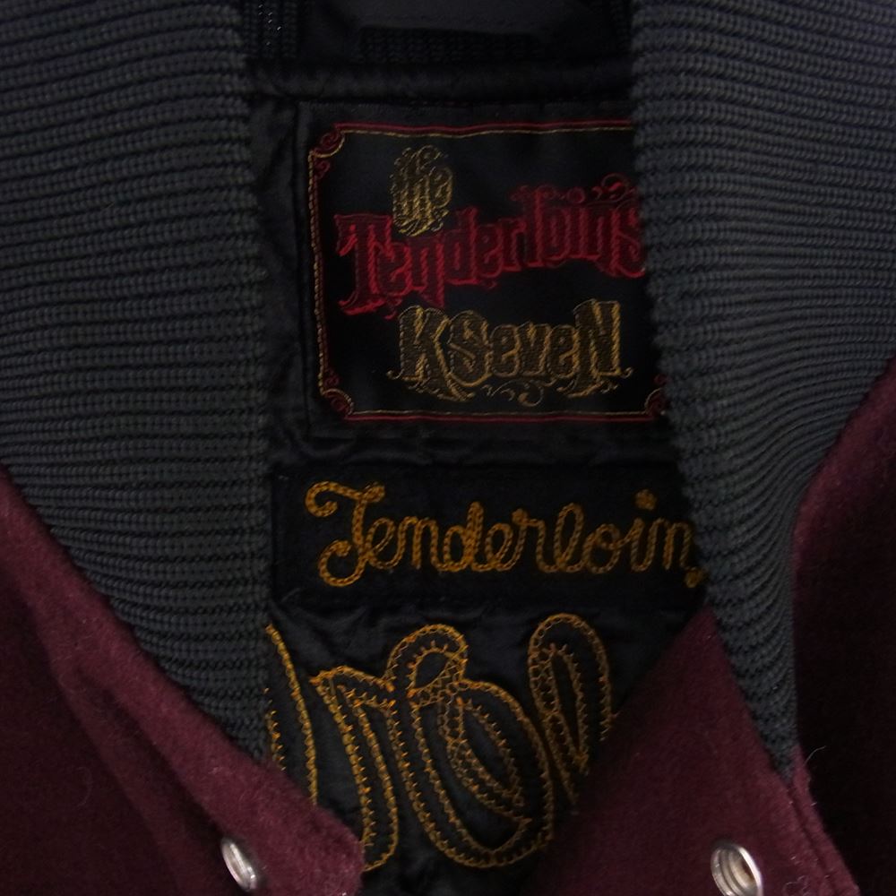 TENDERLOIN テンダーロイン T-VERSITY JKT 刺繍ロゴ 裏地キルティング 袖レザー スタジャン ブラック系 ワインレッド系 S【中古】