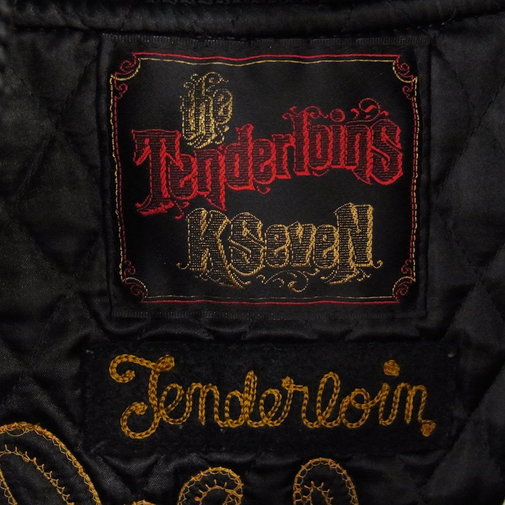 TENDERLOIN テンダーロイン T-VERSITY JKT 刺繍ロゴ 裏地キルティング 袖レザー スタジャン ブラック系 ワインレッド系 S【中古】