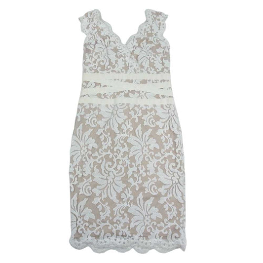 TADASHI SHOJI 3K896MX EMBROIDERED SHEATH LACE DRESS エンブロイダリー レース ノースリーブ タイト ドレスワンピース ベージュ ホワイト系 4【中古】