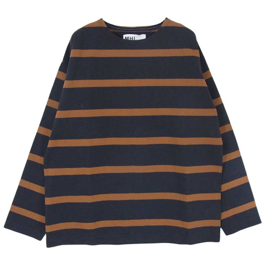 MARGARET HOWELL マーガレットハウエル 596-1166515 MHL エムエイチエル ボーダー カットソー ブラウン系 ダークネイビー系 XL【中古】
