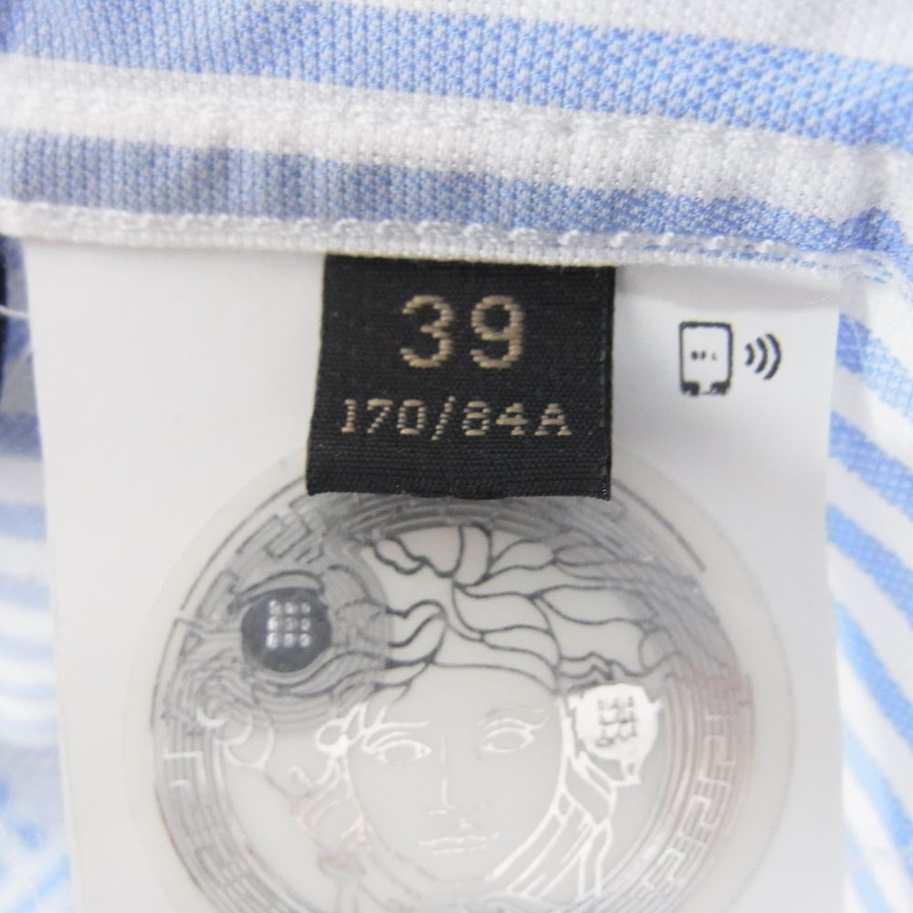 VERSACE ヴェルサーチ A85181 A232544 国内正規品 イタリア製 バロック柄シルク ヨーク切替 ストライプ 長袖 シャツ ライトブルー系 39【中古】