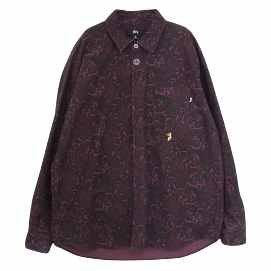 STUSSY ステューシー ペイズリー柄 刺繍 比翼 長袖 シャツ パープル系 S【中古】