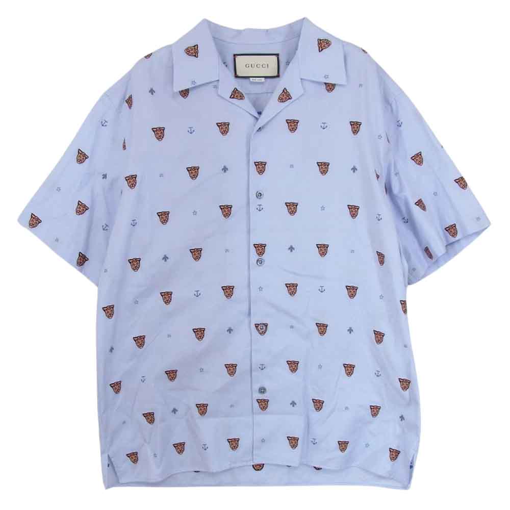 GUCCI グッチ 574566 ZAB0F タイガー柄 半袖 オープンカラー シャツ ライトブルー系 48【中古】