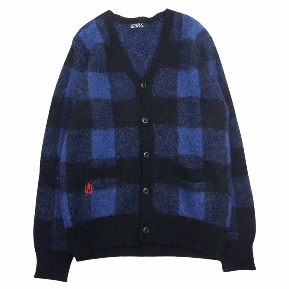 HYSTERIC GLAMOUR ヒステリックグラマー 0243ND07 Vネック モヘア チェック ガール刺繍 カーディガン ブラック系 ブルー系 L【中古】