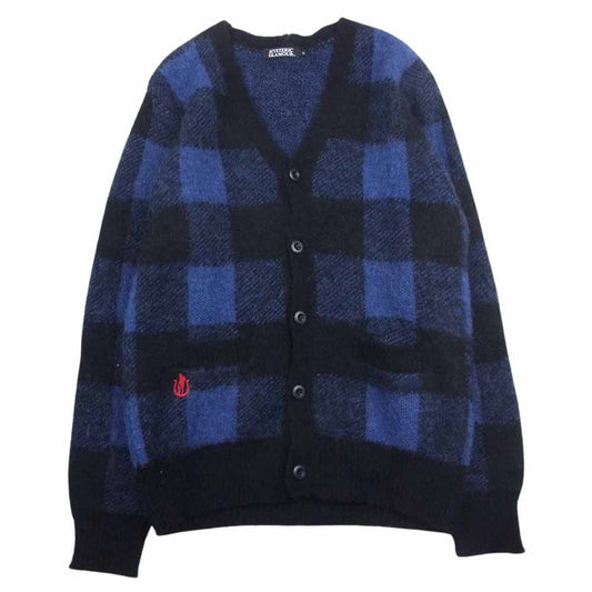HYSTERIC GLAMOUR ヒステリックグラマー 0243ND07 Vネック モヘア チェック ガール刺繍 カーディガン ブラック系 ブルー系 L【中古】