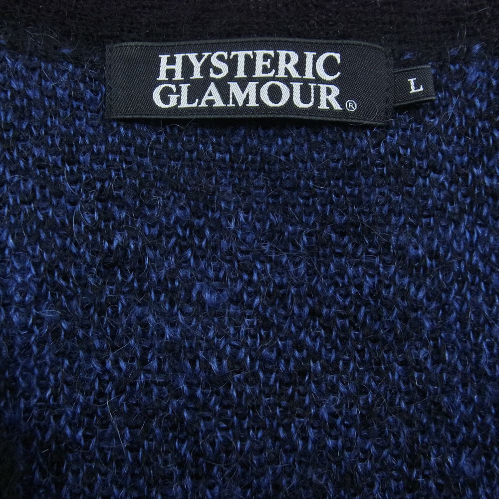 HYSTERIC GLAMOUR ヒステリックグラマー 0243ND07 Vネック モヘア チェック ガール刺繍 カーディガン ブラック系 ブルー系 L【中古】