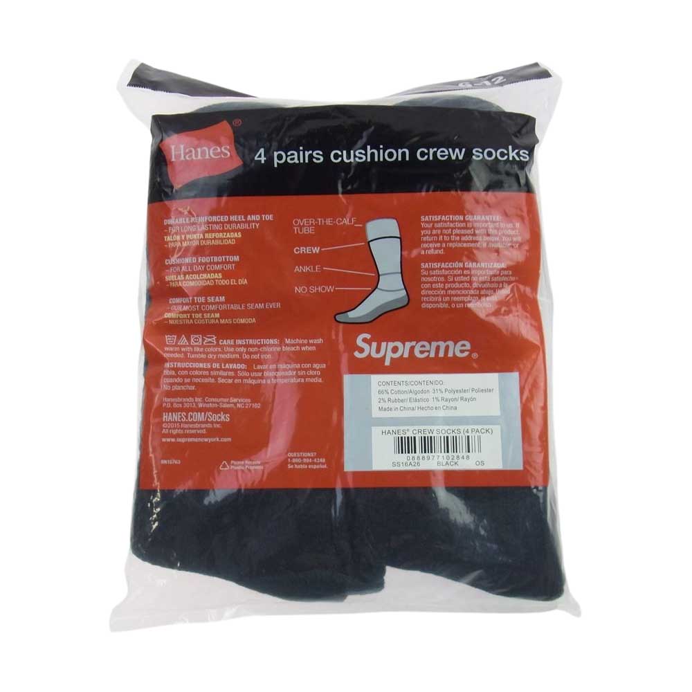 Supreme シュプリーム Hanes ヘインズ 4PAIRS CUSHION CREW SOCKS 4足セット 靴下 クルーソックス ブラック ブラック系 6-12【新古品】【未使用】【中古】