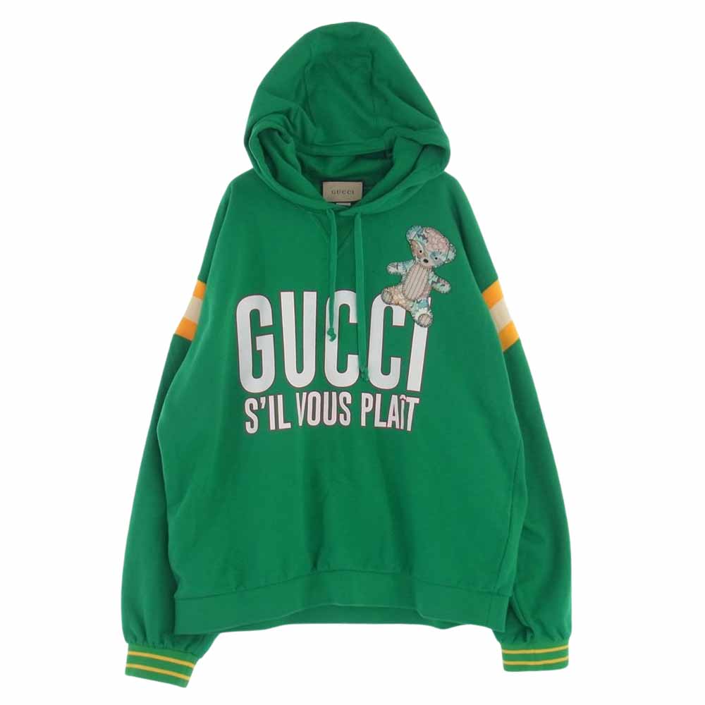 GUCCI グッチ 742559 国内正規品 S'il Vous Plait ベア刺繍パッチ ロゴプリント プルオーバー パーカー フーディ グリーン系 イエロー系 ホワイト系 XL【中古】