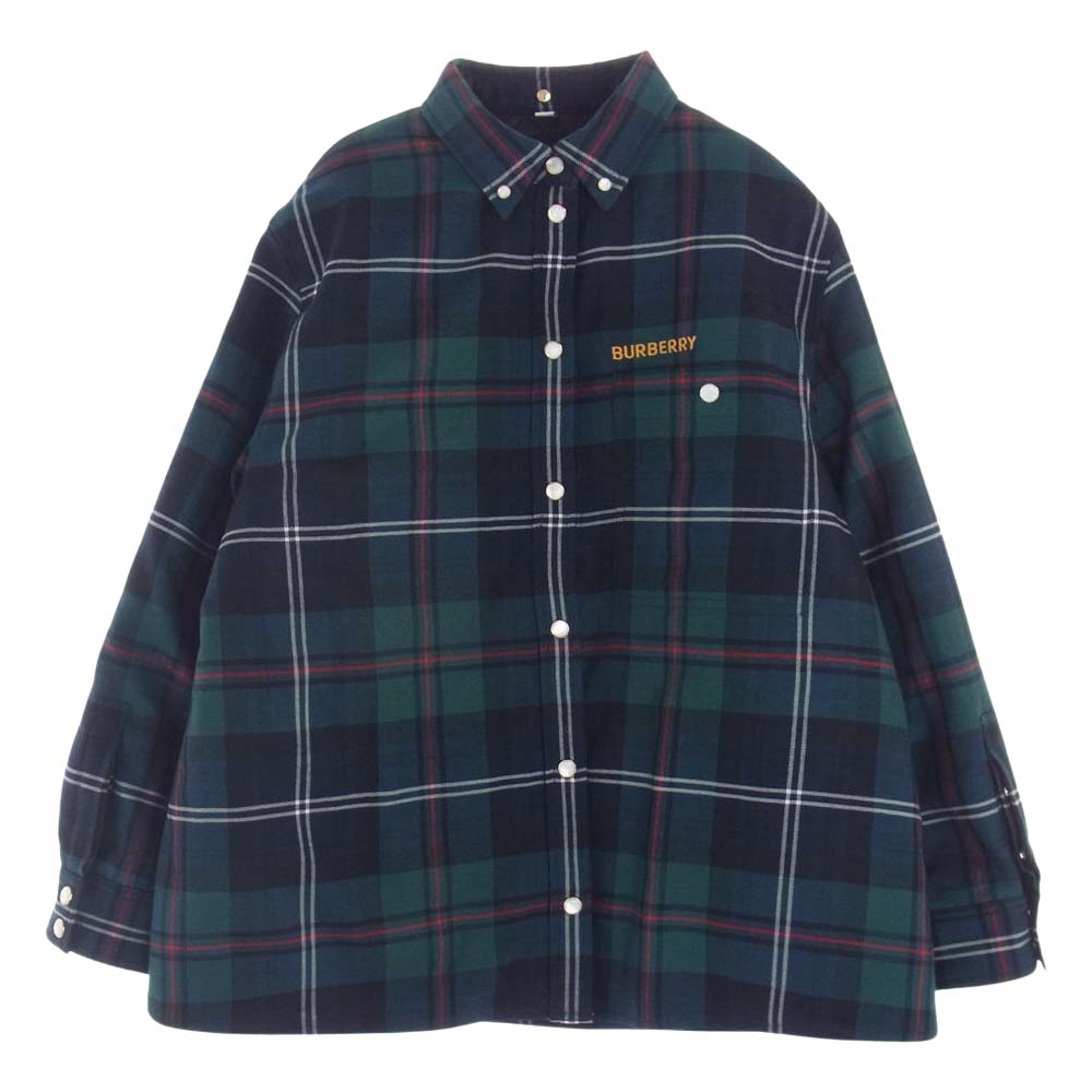 BURBERRY バーバリー 8062346 ロゴ刺繍 ウール チェック 中綿ライナー付き エルボーパッチ オーバーサイズ シャツ ジャケット グリーン系 UK6【美品】【中古】