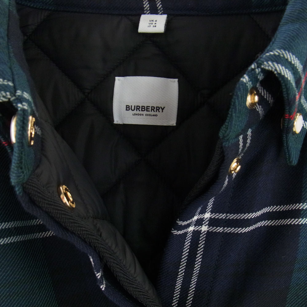 BURBERRY バーバリー 8062346 ロゴ刺繍 ウール チェック 中綿ライナー付き エルボーパッチ オーバーサイズ シャツ ジャケット グリーン系 UK6【美品】【中古】