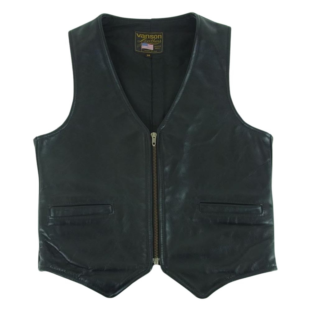 VANSON バンソン 90s VZ LEATHER VEST タロン ジップ レザー ベスト アメリカ製 ブラック系 38【中古】