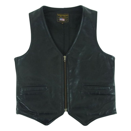 VANSON バンソン 90s VZ LEATHER VEST タロン ジップ レザー ベスト アメリカ製 ブラック系 38【中古】