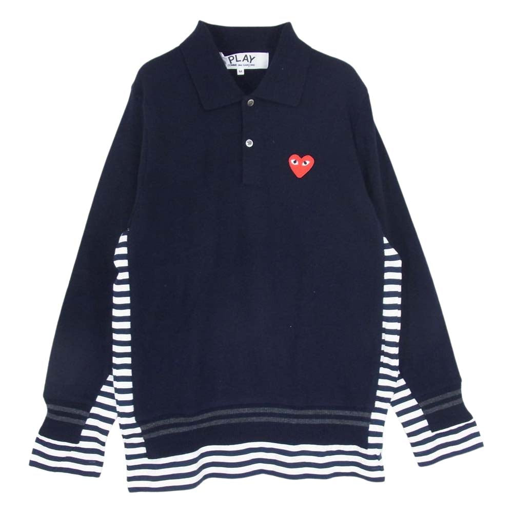 PLAY COMME des GARCONS プレイコムデギャルソン AL-T014 ニット ポロ シャツ ハート ロゴ刺繍 袖ストライプ 切り替え ネイビー系 M【中古】