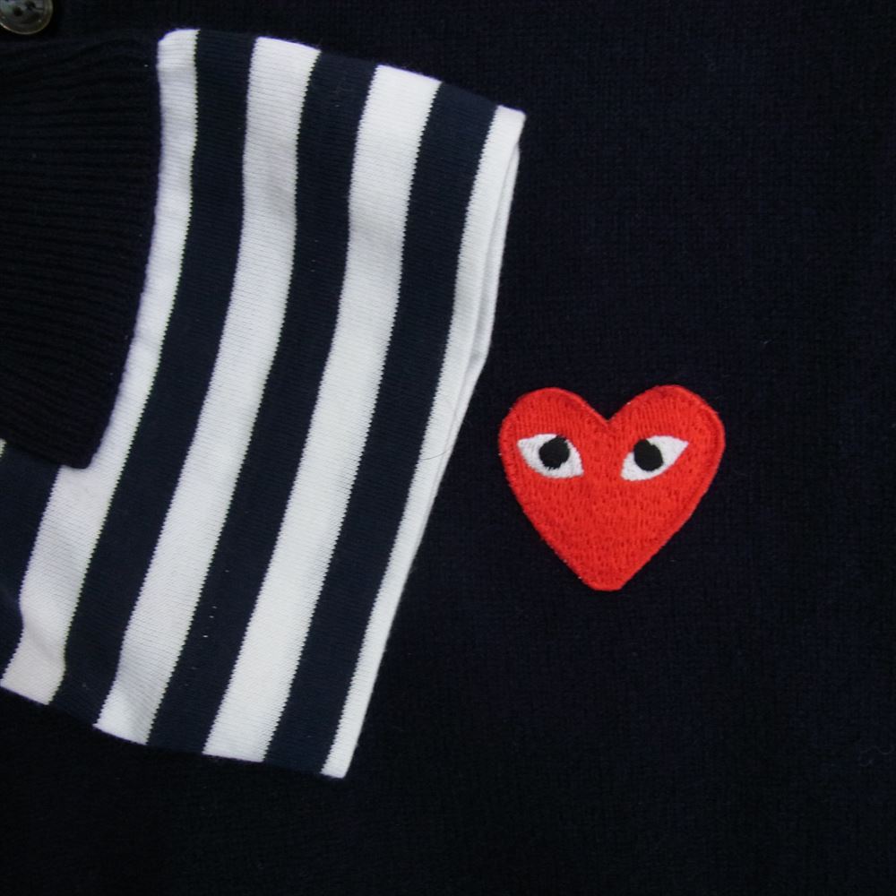 PLAY COMME des GARCONS プレイコムデギャルソン AL-T014 ニット ポロ シャツ ハート ロゴ刺繍 袖ストライプ 切り替え ネイビー系 M【中古】