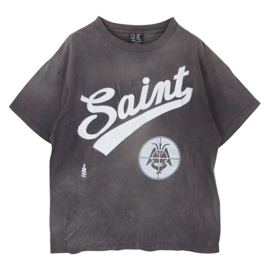 SAINT MICHAEL セントマイケル 21AW SM-A21-0000-002 T-SHIRT FOCUS BLACK ヴィンテージ加工 ロゴ プリント 半袖 Tシャツ チャコール系 XL【美品】【中古】