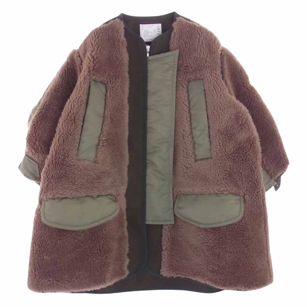 Sacai サカイ 22AW 22-06281 Faux Shearling Nylon Twill Coat ファーシアリング ナイロンツイルコート ボンバージャケット ロングコート リメイク 再構築 素材切替 中綿ブルゾン  ブラウン系 カーキ系 3【極上美品】【中古】
