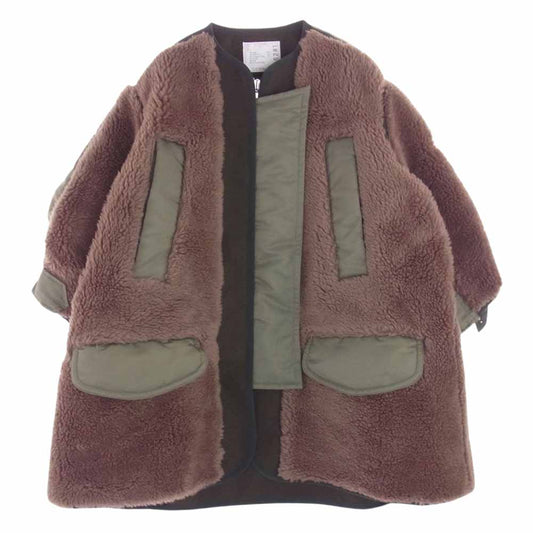 Sacai サカイ 22AW 22-06281 Faux Shearling Nylon Twill Coat ファーシアリング ナイロンツイルコート ボンバージャケット ロングコート リメイク 再構築 素材切替 中綿ブルゾン  ブラウン系 カーキ系 3【極上美品】【中古】