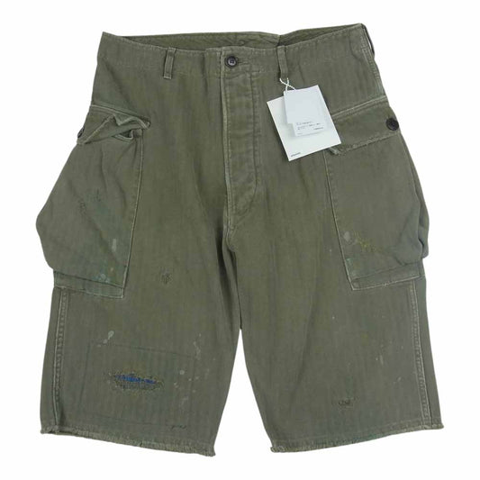 VISVIM ビズビム 20SS 120105008010 VETERANS SHORTS CRASH ベテランズ ペイント ダメージ加工 ヘリンボーン カットオフ ショート パンツ ショーツ カーキ系 2【中古】