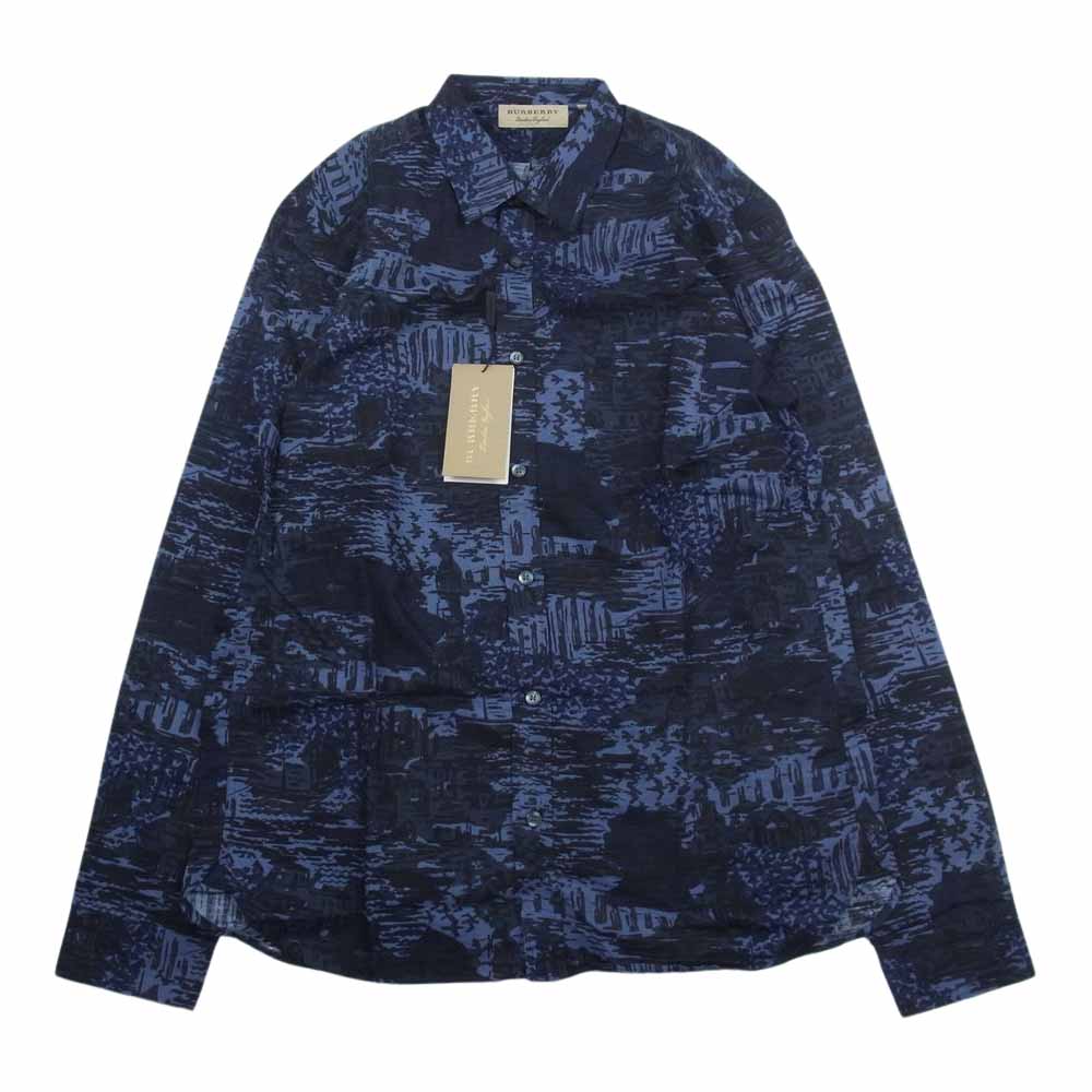 BURBERRY バーバリー 国内正規品 ロンドンイングランド グラフィック ペイント 総柄 長袖 シャツ ネイビー系 L【新古品】【未使用】【中古】