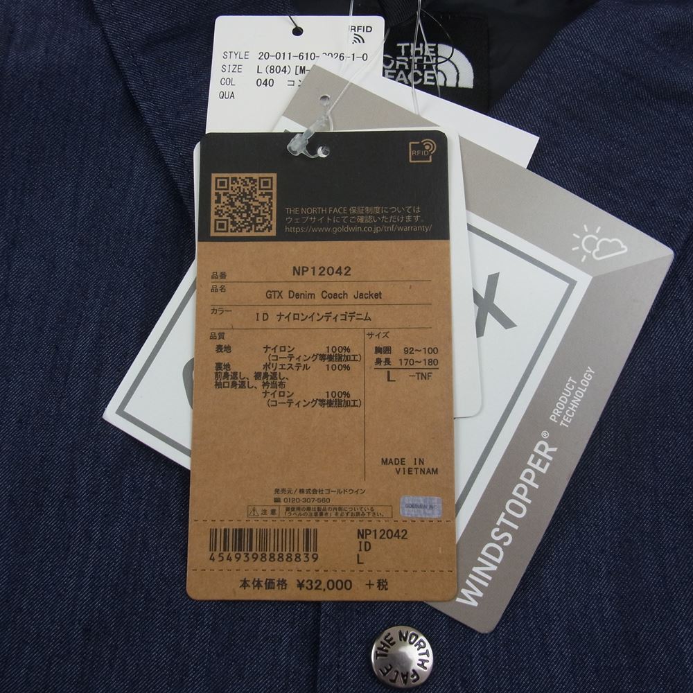 THE NORTH FACE ノースフェイス NP12042 国内正規品 GTX Denim Coach Jacket ゴアテックス デニム ジャケット インディゴブルー系 L【新古品】【未使用】【中古】