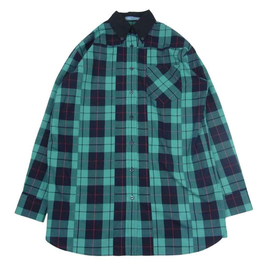 PRADA プラダ 三角ロゴ チェック ボタンダウン クレリック 長袖 シャツ  グリーン系 36【中古】