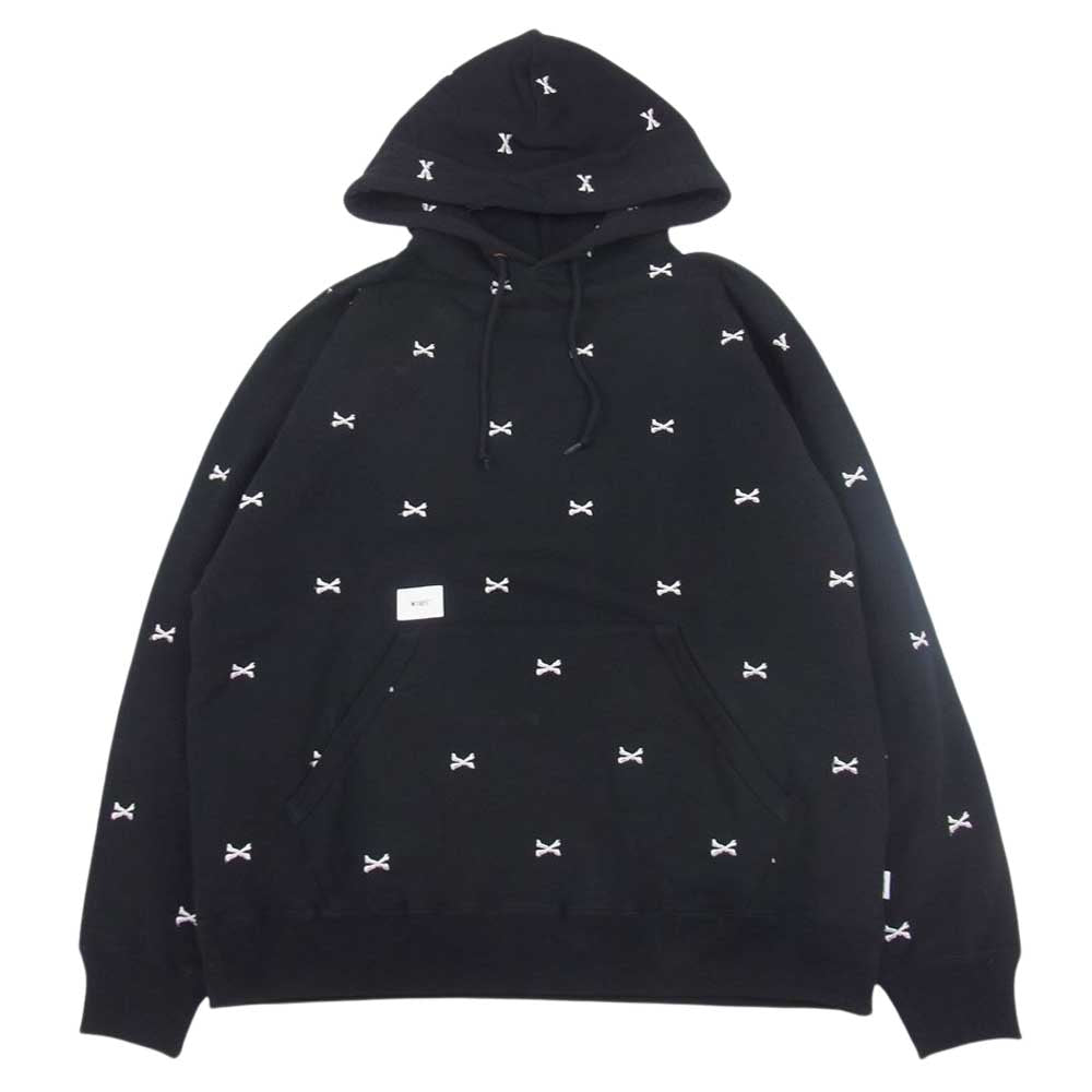 WTAPS ダブルタップス 22AW 22ATDT-CSM26 ACNE HOODY CTPL TEXTILE クロスボーン 刺繍 総柄 パーカー ブラック系 03【極上美品】【中古】