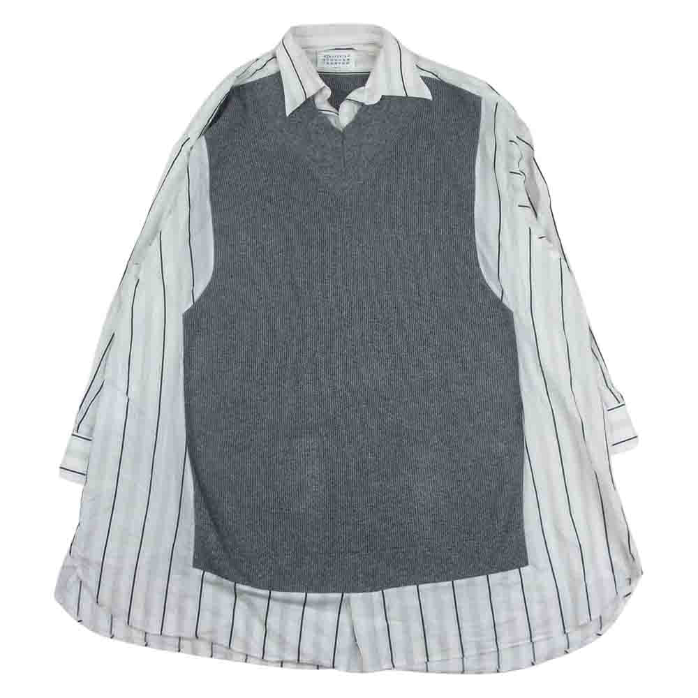 MAISON MARGIELA メゾンマルジェラ 20SS S51DL0278 ①ライン Vネック ニット ドッキング シャツ切替 ワンピース グレー系 ホワイト系 XS【中古】