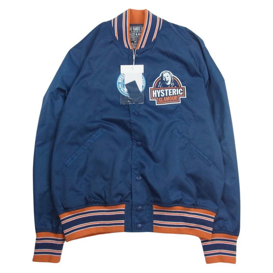 HYSTERIC GLAMOUR ヒステリックグラマー 23AW 02233AB10475 MAKE ME SMILE バックロゴプリント スタジアムジャケット スタジャン ネイビー系 L【新古品】【未使用】【中古】