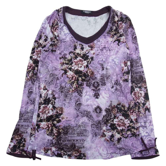 TORNADO MART トルネードマート フラワー メッセージプリント サイドドローコード レイヤードネック カットソー 長袖 Tシャツ パープル系【中古】