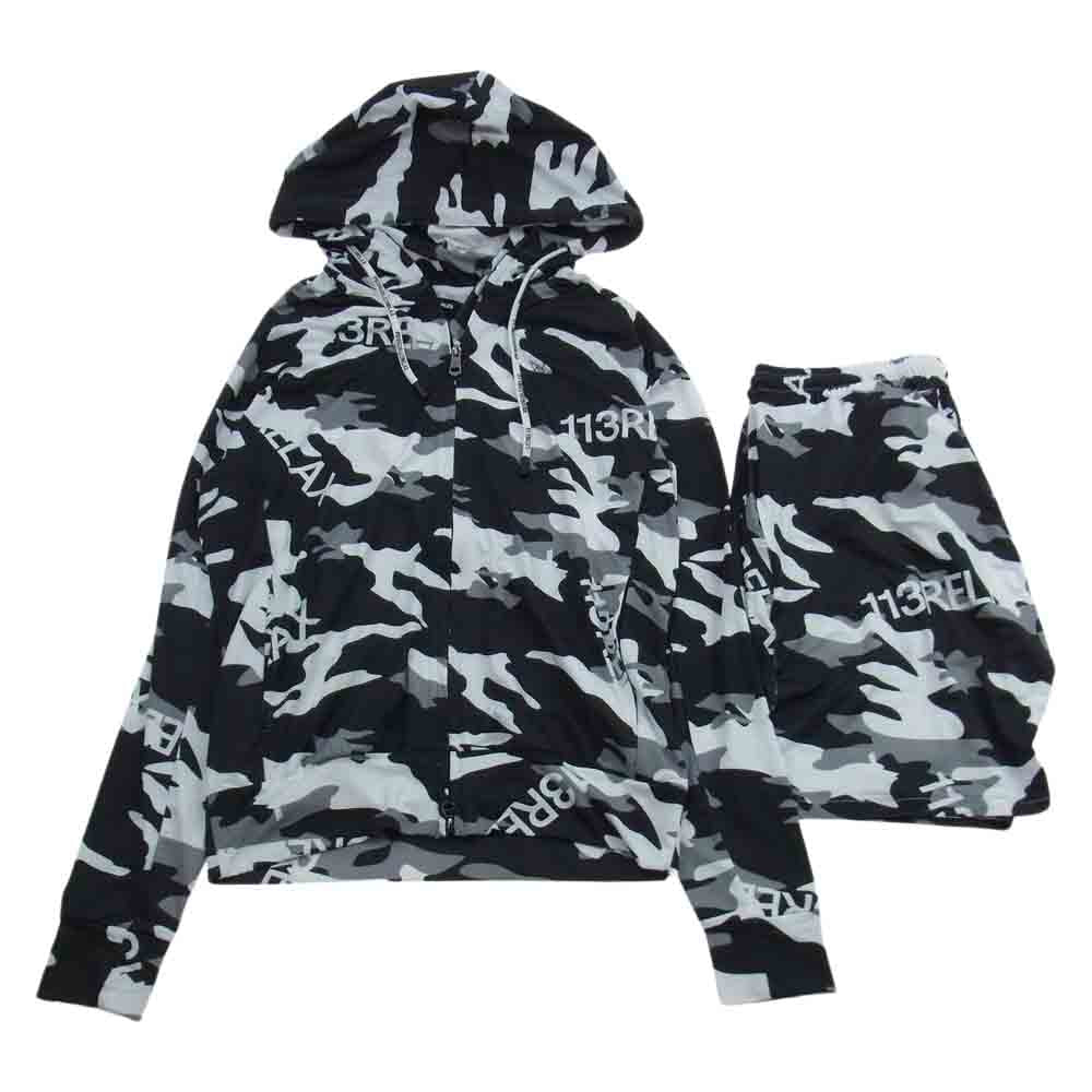 1piu1uguale3 ウノピュウノウグァーレトレ USO-23031 CAMO LOGO HOODIE カモフラ ロゴ ラッシュガードパーカー ハーフ パンツ セットアップ ブラック ブラック系 ホワイト系 JP:L・EU:M【中古】