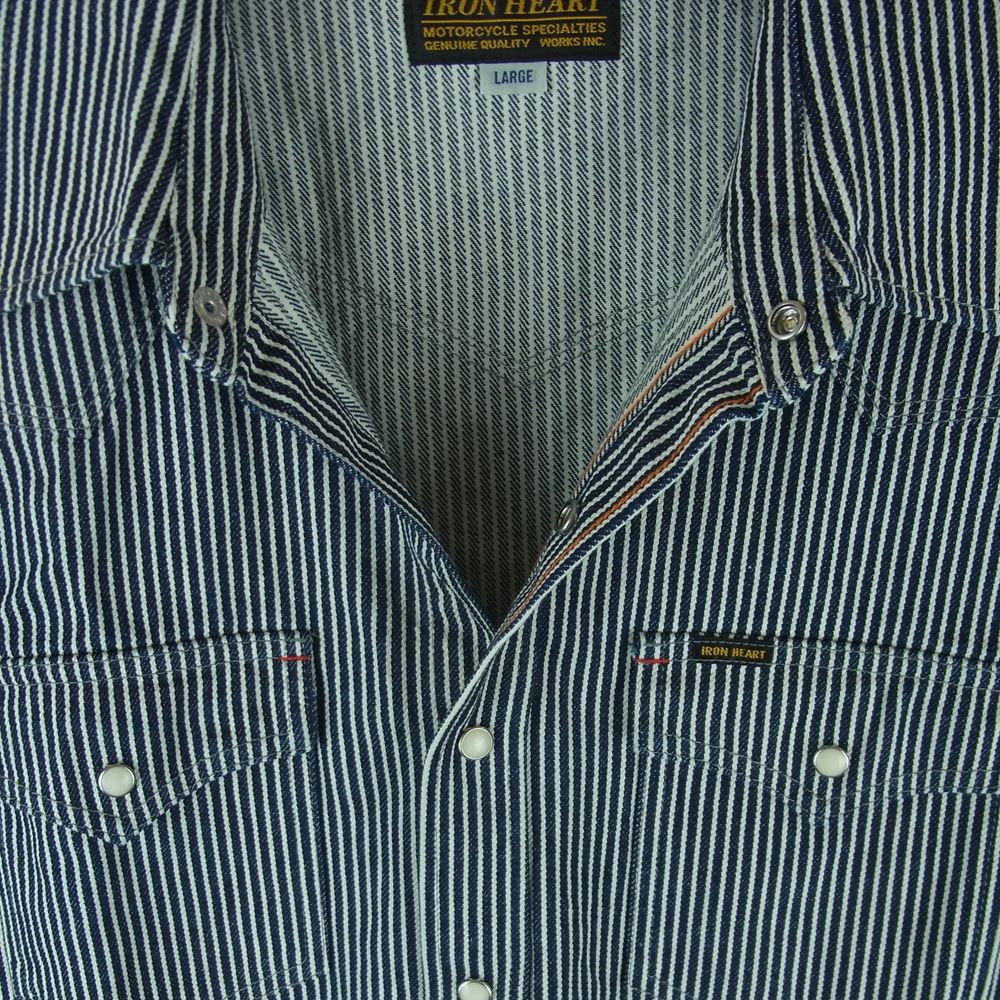IRON HEART アイアンハート IHSH-07 12oz ヘビーヒッコリー ウエスタン 長袖 シャツ コットン 日本製 ネイビー系 ホワイト系 L【美品】【中古】