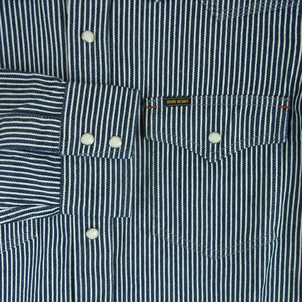 IRON HEART アイアンハート IHSH-07 12oz ヘビーヒッコリー ウエスタン 長袖 シャツ コットン 日本製 ネイビー系 ホワイト系 L【美品】【中古】