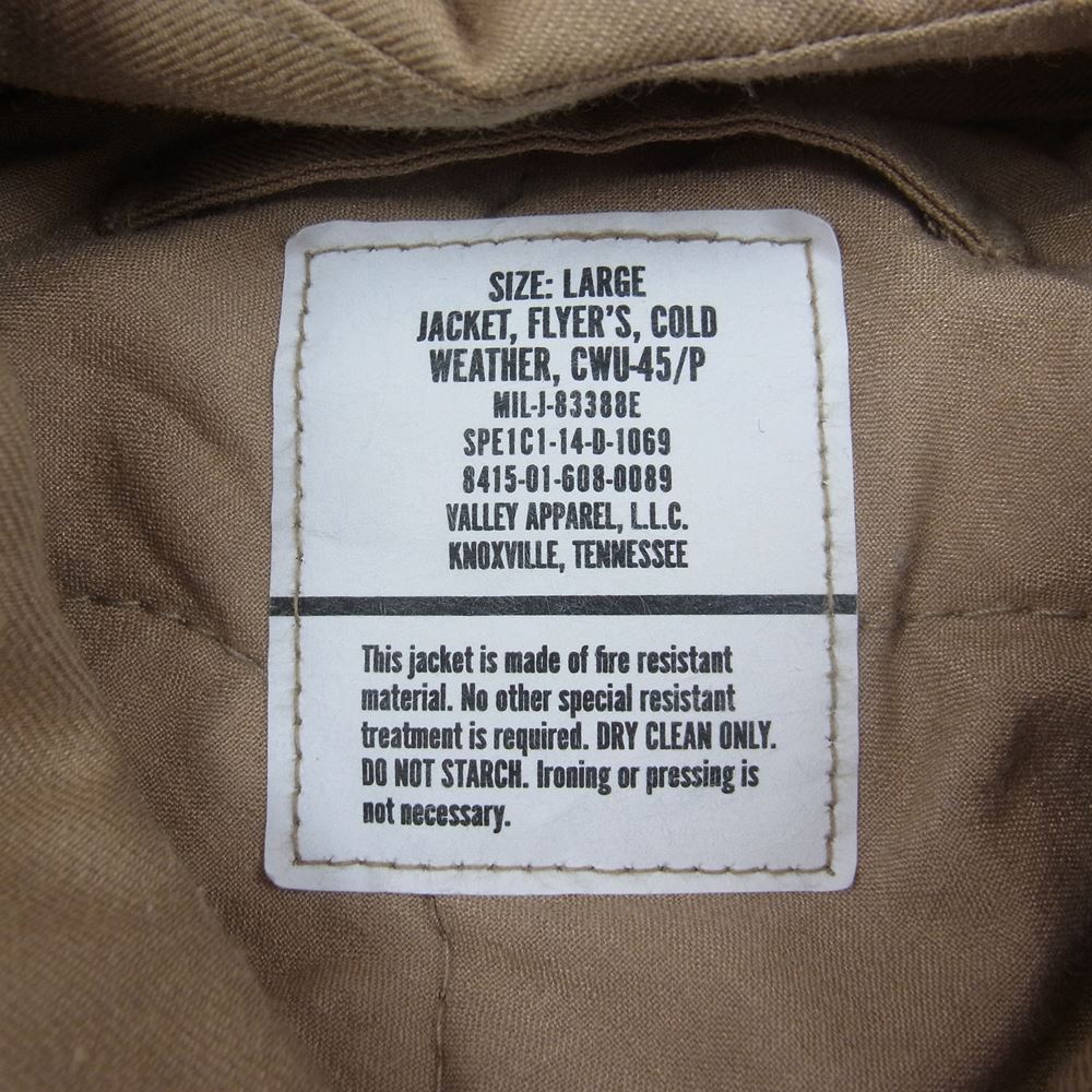 ユーエスアーミー 米軍 2014年度会計 CWU45P Valley Apparel バレイアパレル フライトジャケット ミリタリージャケット カーキ ベージュ系 L【中古】