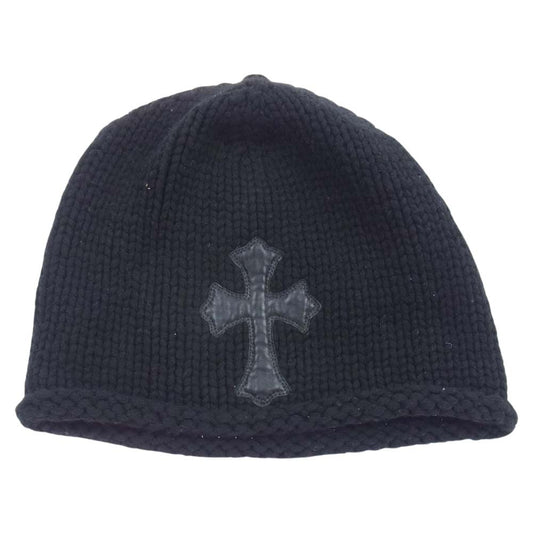 CHROME HEARTS クロムハーツ（原本無） BEANIE CASH レザー クロスパッチ カシミヤ クロスボール ビーニー ニット帽 ブラック系【中古】