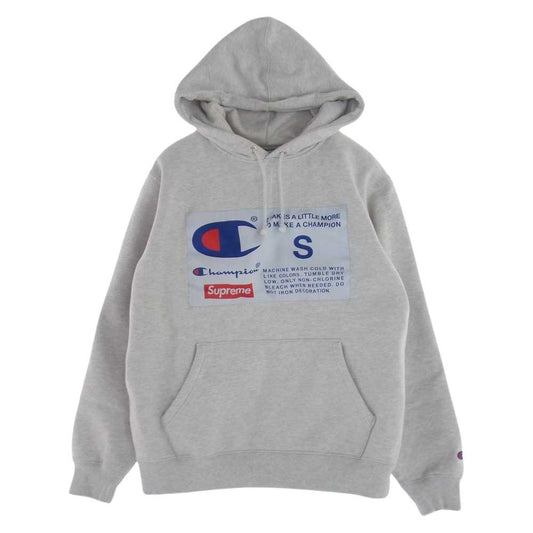 Supreme シュプリーム 18AW × Champion チャンピオン Label Hooded Sweatshirt ラベル フーデッド スウェット パーカー グレー系 S【中古】
