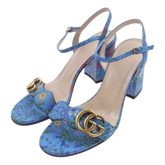 GUCCI グッチ GGマーモント フラワー総柄 ストラップ ヒール パンプス ライトブルー系 36.5【美品】【中古】