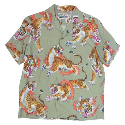 WACKO MARIA ワコマリア TIM LEHI ティムリーハイ HAWAIIAN SHIRT 虎 タイガー 総柄 ハワイアンシャツ アロハシャツ グリーン系 XS【中古】