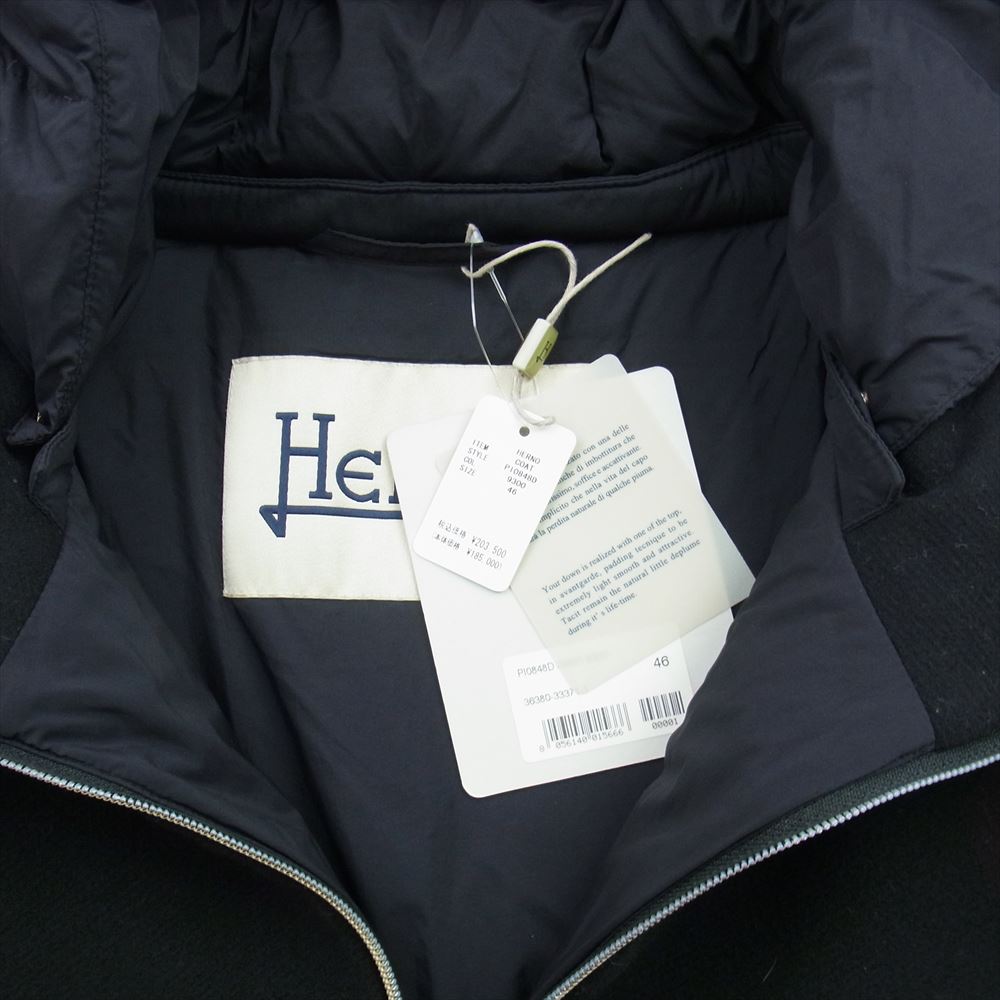 Herno ヘルノ PI0848D-39601-9300 イタリア製 着脱可能フード付き ウール ナイロン 切替 ロング ダウン ジャケット ブラック系 46【美品】【中古】