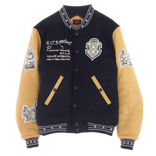 R.J.B アールジェイビー 袖ラムスキン シンサレート中綿 レタード スタジャン バーシティ ジャケット ブラック系 38【極上美品】【中古】